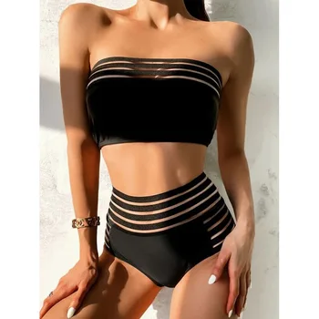 2023 Seksi Bikini Bandeau Ženske Črna Votlih Očesa Visoko Pasu, Kopalke, Kopalke, Plaža, Bikini Komplet Kopalke Bikini Taille Haute