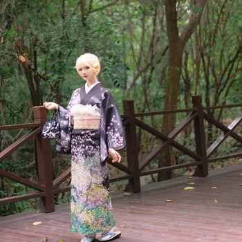 Japonske Ženske Tradicionalnih Formalnih Kimono Poliester 160 CM Sakura Vzorec Črno Nov Slog