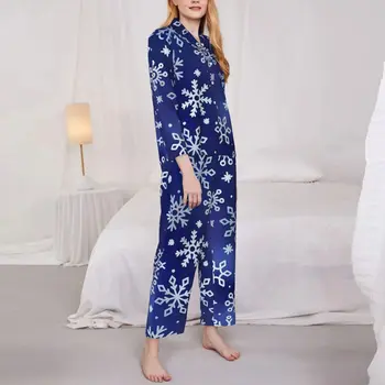 Pižamo Ženska Bela Snežinka Dnevno Sleepwear Blue Print 2 Kosa Estetske Pajama Določa Dolge Rokave Retro Oversize Doma Obleko