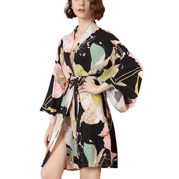 Jeseni Haljo Cvet Dolg rokav kopalni plašč Sleepwear Ženske Nightgown