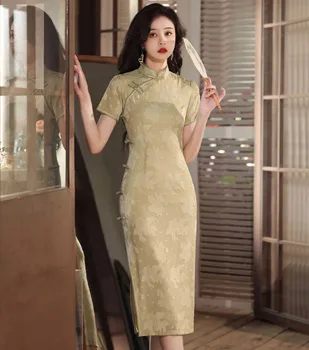 Nov Ženski Qipao Elegantno Klasično Kratek Rokav Cheongsam Trgatev Mandarin Ovratnik Tradicijo Kitajski Stil Oblačenja Žensk Vestidos
