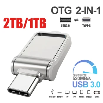 Kovinski U Disk 2TB Prenosni OTG Pero Disk 1TB High Speed USB 3.0 Tip-C Vmesnik Nepremočljiva 1TB 512GB Memoria Usb Flash Disk
