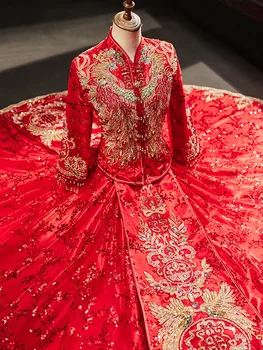 Phoenix Vezenje Sequins Beaded Tassel Tradicionalne Trgatve Rdeče Formalno Kitajski Poročno Obleko Za Ženske Človek Orientalski Cheongsam