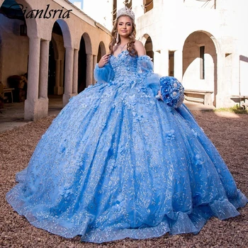 Svetlo Modra 3D Cvetje Bleščice Kristalno Kroglo Obleke Quinceanera Obleke Snemljivi Rokavi Korzet Vestidos De 15 Años