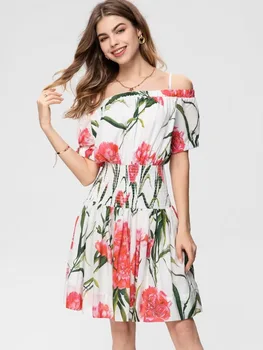 2023 Poletje off Rami Obleko Ženske Cvjetnim Tiskanja vzletno-pristajalne Steze Modno Elegantna Mini Obleke Za Počitnice Stranka