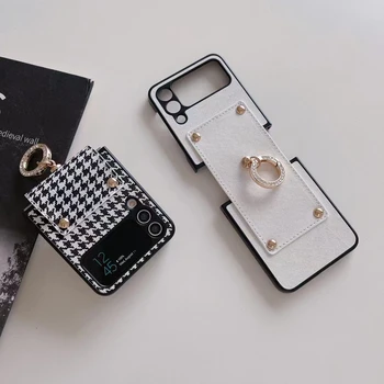 Moda Houndstooth Za Samsung Galaxy Ž Flip 3 4 5 G medije flip4 pokrijemo S Diamantni Prstan Sponke Retro PU Usnje Shockproof Primeru Telefon