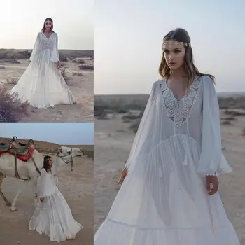 2019 Bohemian Poročne Obleke Proti-Vrat Dolge Rokave Poročne Halje Dolžina Tal Plaži-Line Poročno Obleko Haljo De Mariee