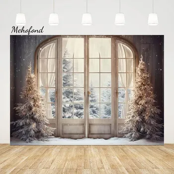 Mehofond Fotografija Ozadje Les Okna Božično Drevo Decor Družinske Počitnice Stranka Pozimi Snežno Scensko Ozadje Foto Studio