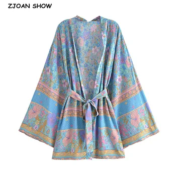 2023 BOHO Ženske Modre barve Z Roza Cvet Tiskanja Kimono Rokavi Počitnice Plima Lok Sashes Sredi Dolgo Cardigan Poletje Bluzo Plaži Cape