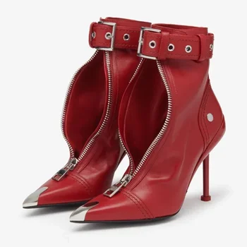 Nova Moda Opozoril Železa Zadrgo Rdeči Škornji Jeseni Leta 2023 Elegantno Britanski Slog Visoke Pete za Ženske Oblikovalec Velik obseg Čevlji 43