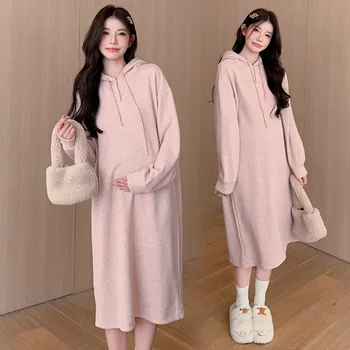 Porodniški Jesen/Zima 2023 Novi Korejski Priložnostne Debele Hooded Majica Dolgo Obleko