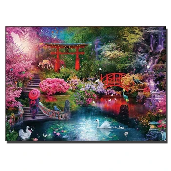 Japonske Češnje Cvetovi Diamond Slikarstvo, Swan Lake, Slap, Polno Diamond Mozaik Krajine, Navzkrižno Šiv Vezenje Kit Deco