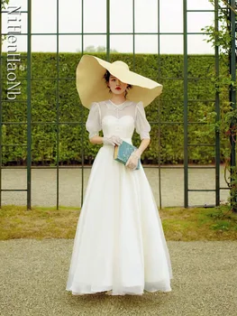 Vintage Poročno Obleko, Pol Rokav A-Line Poročne Obleke Bel Eleganten Poroka Oblek Vestido De Novia